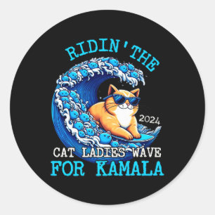 Riding Cat Ladys Blue Wave für Kamala Harris Pres Runder Aufkleber