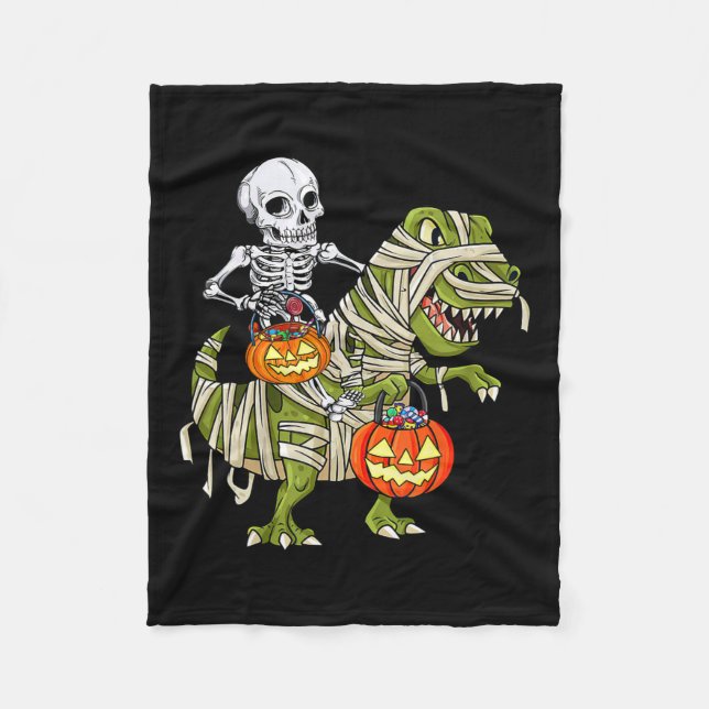 Riding Mummy Dinosaur T Rex Halloween Funny Pumpki Fleecedecke (Vorderseite)