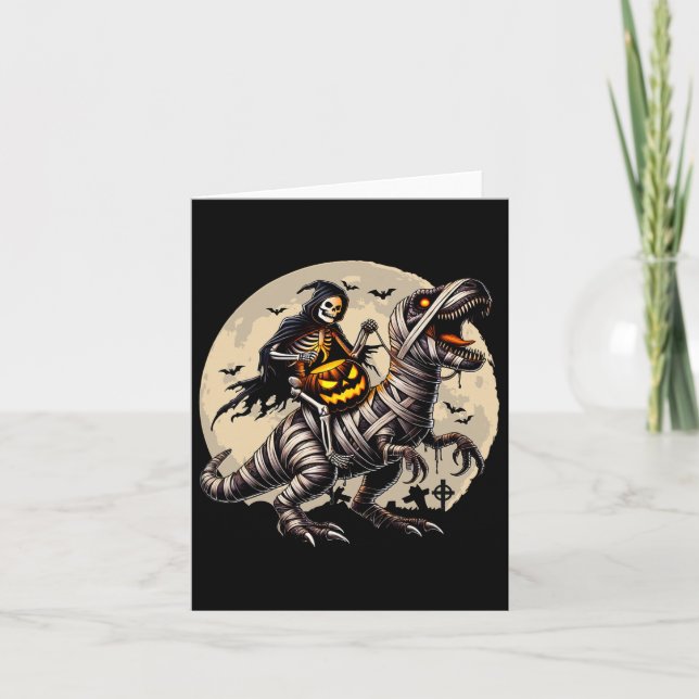 Riding Mummy Dinosaur T Rex Pumpkin Funny Hallowee Karte (Vorderseite)
