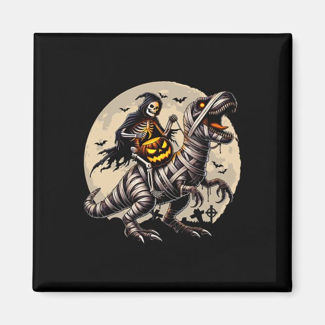 Riding Mummy Dinosaur T Rex Pumpkin Funny Hallowee Magnet (Vorne)