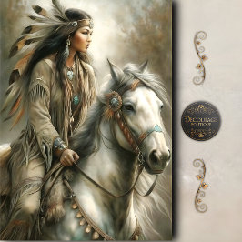 Riding Native Woman & White Horse Decoupage Seidenpapier