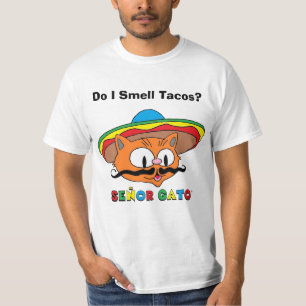 Rieche ich Tacos? Senor Gato Cartoon Mustache Cat T-Shirt