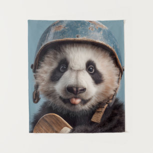 Riesen-Panda-Porträt mit Vintage-Helm in Blau Wandteppich