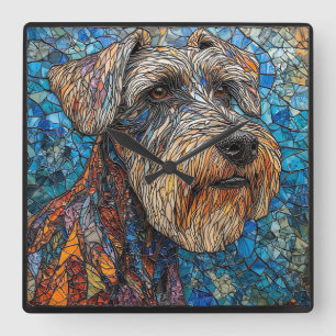 Riesen-Schnauzer-Hund Buntes Mosaik-Kunstwerk Quadratische Wanduhr