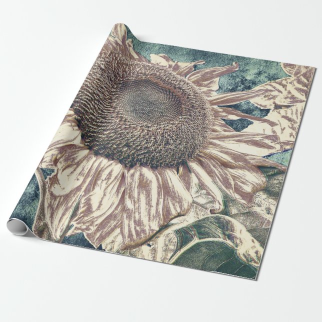Riesen-Sonnenblume Vintages Aquamarines Sepia Art  Geschenkpapier (Ungerollt)