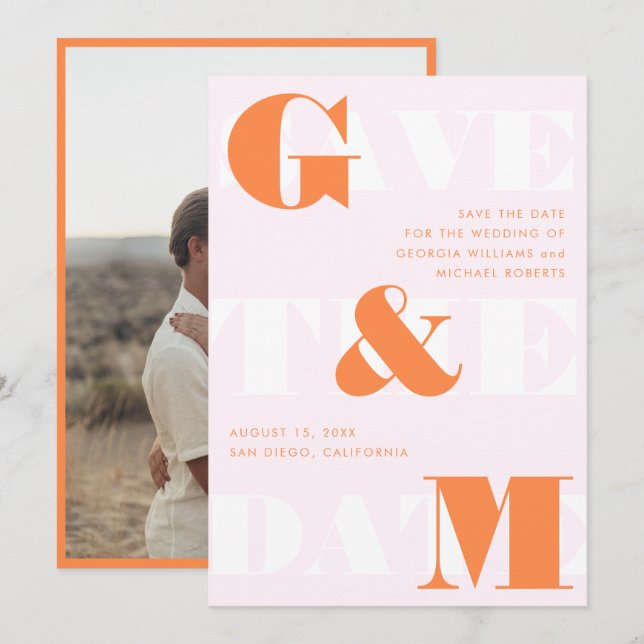 Riesenmonogramm Ampersand Peach Orange Pink Hochze Einladung (Vorne/Hinten)