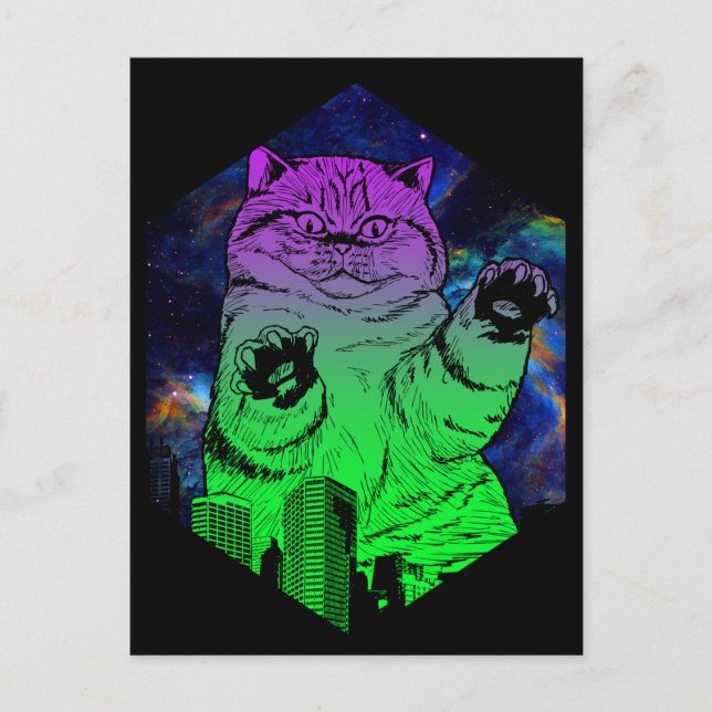 Riesenmonster Catzilla greift Cat Skyline an Postkarte (Vorderseite)