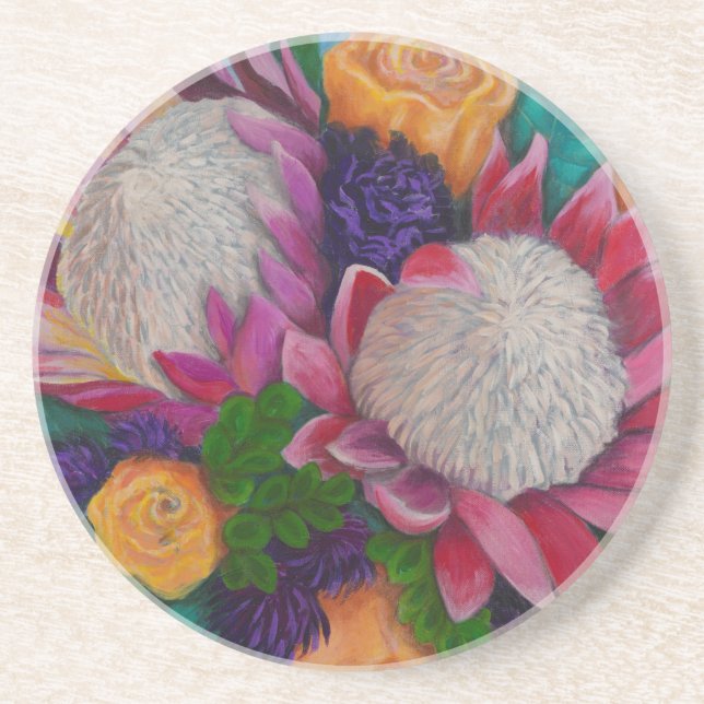Riesenproteas und orangefarbene Rose Sandstein Untersetzer (Vorne)