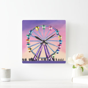 Riesenrad Sonnenuntergang Schöne Aquarellmalerei Quadratische Wanduhr
