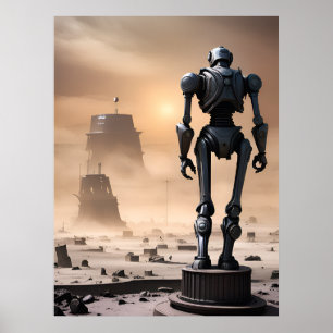 Riesenroboterstatue in isolierter Ödnis AI Poster