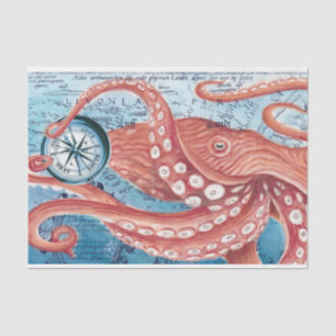 Riesenroter Pazifik Octopus Kompass Vintage Karte Seidenpapier