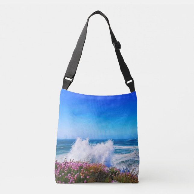 Riesenwelle über rosa Blume bedecktes Land Tragetaschen Mit Langen Trägern (Vorderseite)