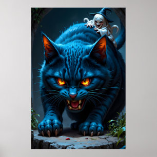 Riesige blaue Katze mit einer bösen Hexe in einem Poster