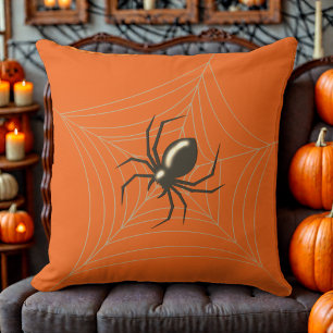 Riesige Halloween-Spinne in ihrem Netz orangefarbe Kissen