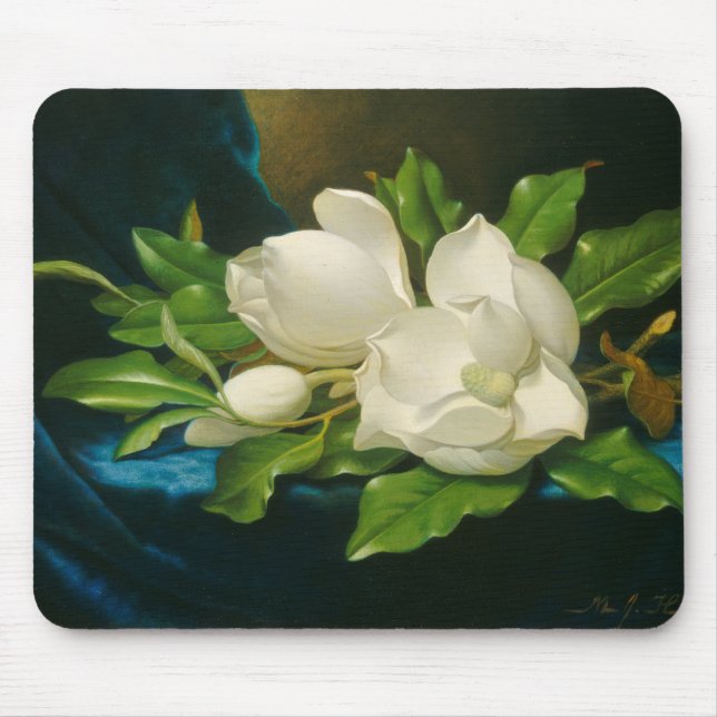 Riesige Magnolien auf einem blauen Samt-Stoff, Mousepad (Vorne)