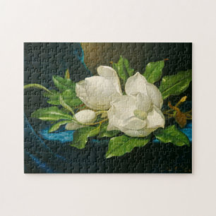 Riesige Magnolien auf einem blauen Samt-Stoff, Puzzle