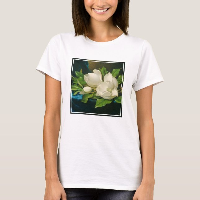 Riesige Magnolien auf einem blauen Samt-Stoff, T-Shirt (Vorderseite)