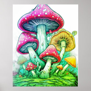 Riesige Pilze auf weißem Hintergrund an einer Wand Poster