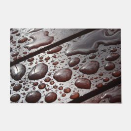 Riesige Regentropfen an einem Holzpicknicktisch Fußmatte