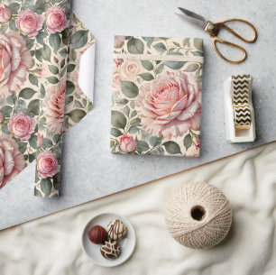 Riesige rosa Rose und Knospen Botanisch Geschenkpapier