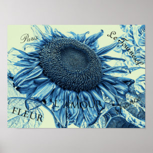 Riesige Sonnenblumen Vintage-Kunst Blaugrüne Schri Poster