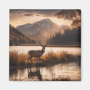 Riesiger Hirsch mit Geweih am Bergsee Magnet