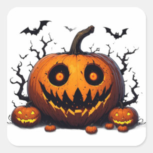 Riesiger leuchtender Kürbis mit böser Halloween-Fr Quadratischer Aufkleber