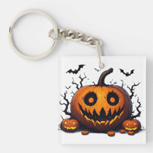 Riesiger leuchtender Kürbis mit böser Halloween-Fr Schlüsselanhänger