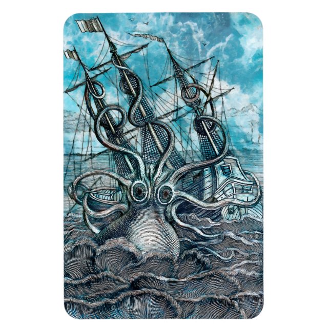 Riesiger Oktopus Blaues Seeungeheuer Segelboot Magnet (Vertikal)
