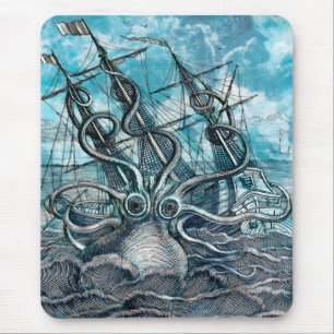 Riesiger Oktopus Blaues Seeungeheuer Segelboot Mousepad
