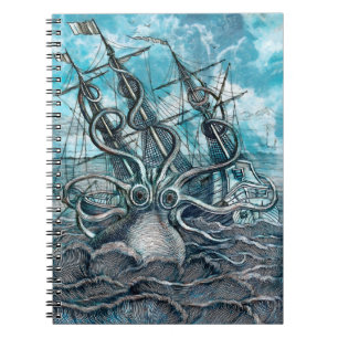 Riesiger Oktopus Blaues Seeungeheuer Segelboot Notizblock