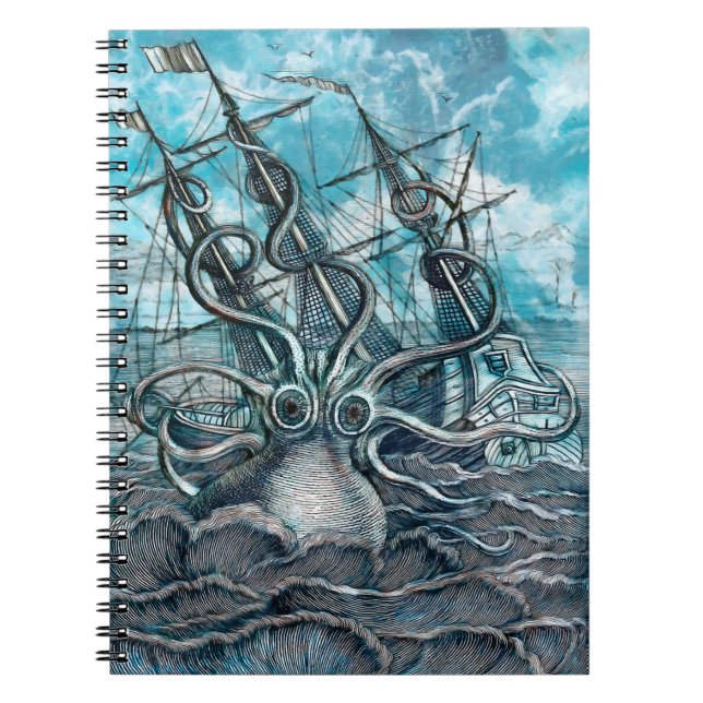 Riesiger Oktopus Blaues Seeungeheuer Segelboot Notizblock (Vorderseite)