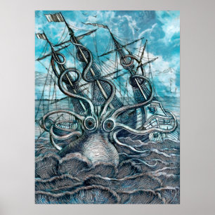 Riesiger Oktopus Blaues Seeungeheuer Segelboot Poster