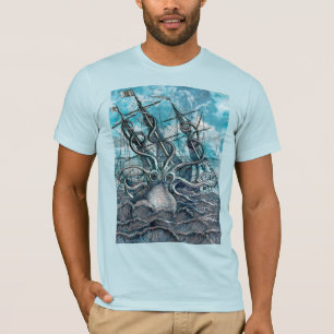 Riesiger Oktopus Blaues Seeungeheuer Segelboot T-Shirt