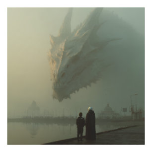 Riesiger weißer Drache über dem nebligen Pier der Fotodruck