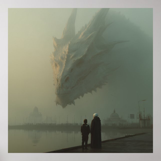 Riesiger weißer Drache über dem nebligen Pier der  Poster (Vorne)