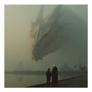 Riesiger weißer Drache über dem nebligen Pier der Poster