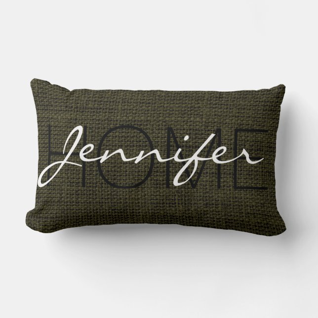 Rifgrün Burlap Rustic Monogram Lendenkissen (Vorderseite)