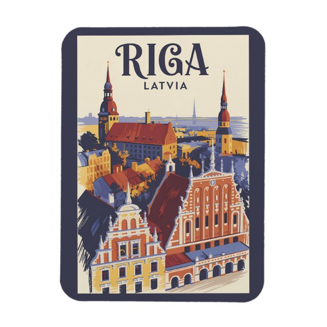 Riga Latvia Illustration Travel Art Vintage Magnet (Vertikal)
