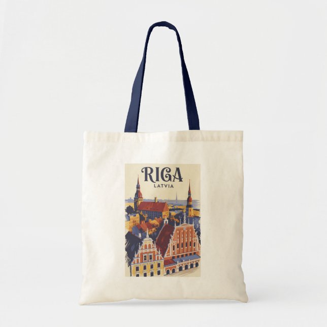 Riga Latvia Illustration Travel Art Vintage Tragetasche (Vorne)
