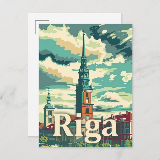 Riga Lettland Vintag Retro Travel Illustration Postkarte (Vorne/Hinten)
