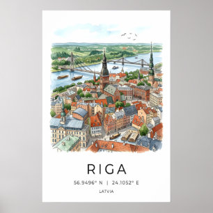 Riga Skyline Kunst Druck Wasserfarbe Stadtansicht  Poster