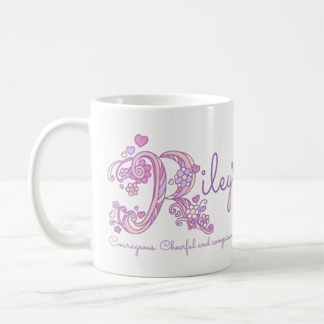 Riley Name bedeutet Herz-Blume-R-Monogramm-Tasse Kaffeetasse (Links)