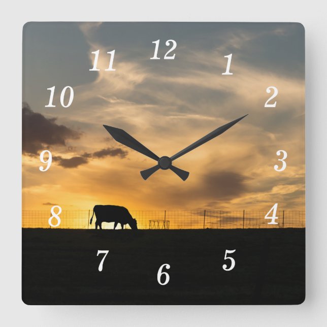 Rind Sunset Silhouette Wall Clock Quadratische Wanduhr (Vorderseite)