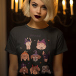 Rinde oder Leckerei Hunde in Kostüm Tri-Blend Shirt<br><div class="desc">Whimsikisches FrauenHalloween-Shirt mit handgezeichneter Darstellung verschiedener Hunde in Kostümen. Im Text steht "bellen oder Leckerei".</div>