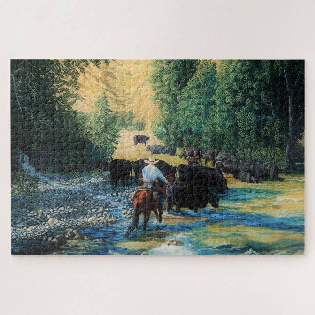 Rinder der Ranch fahren Angus und Pferd am Fluss Puzzle (Horizontal)