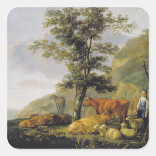 Rinder in der Nähe des Flusses Aelbert Cuyp Quadratischer Aufkleber