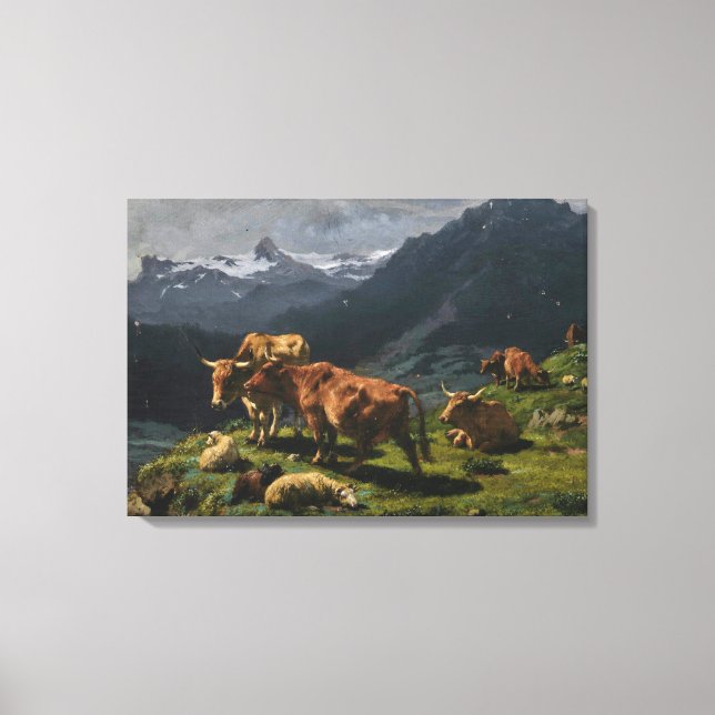 Rinder und Schafe in einer alpinen Landschaft Leinwanddruck (Vorderseite)