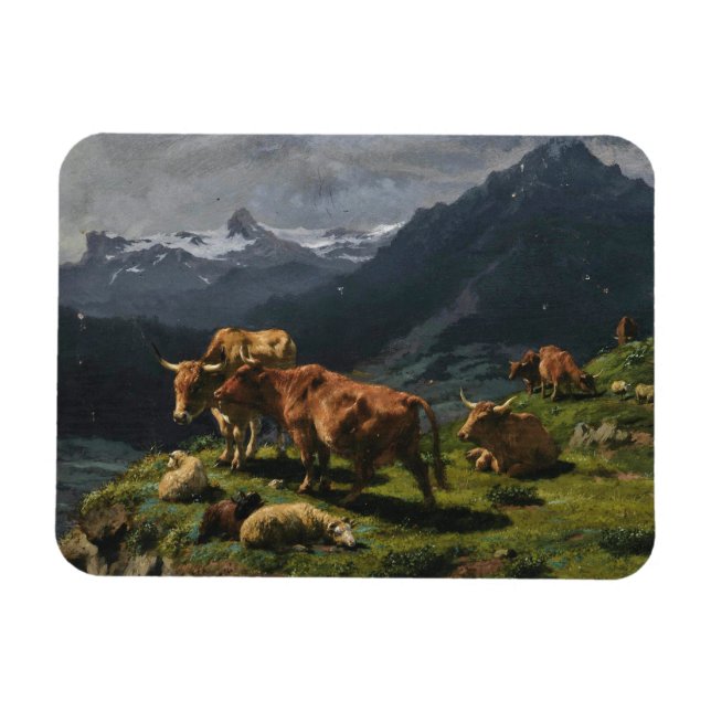 Rinder und Schafe in einer alpinen Landschaft Magnet (Horizontal)