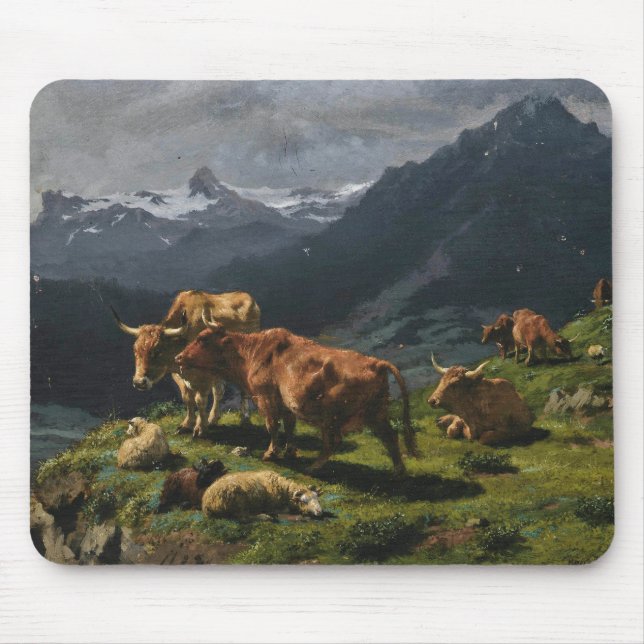 Rinder und Schafe in einer alpinen Landschaft Mousepad (Vorne)